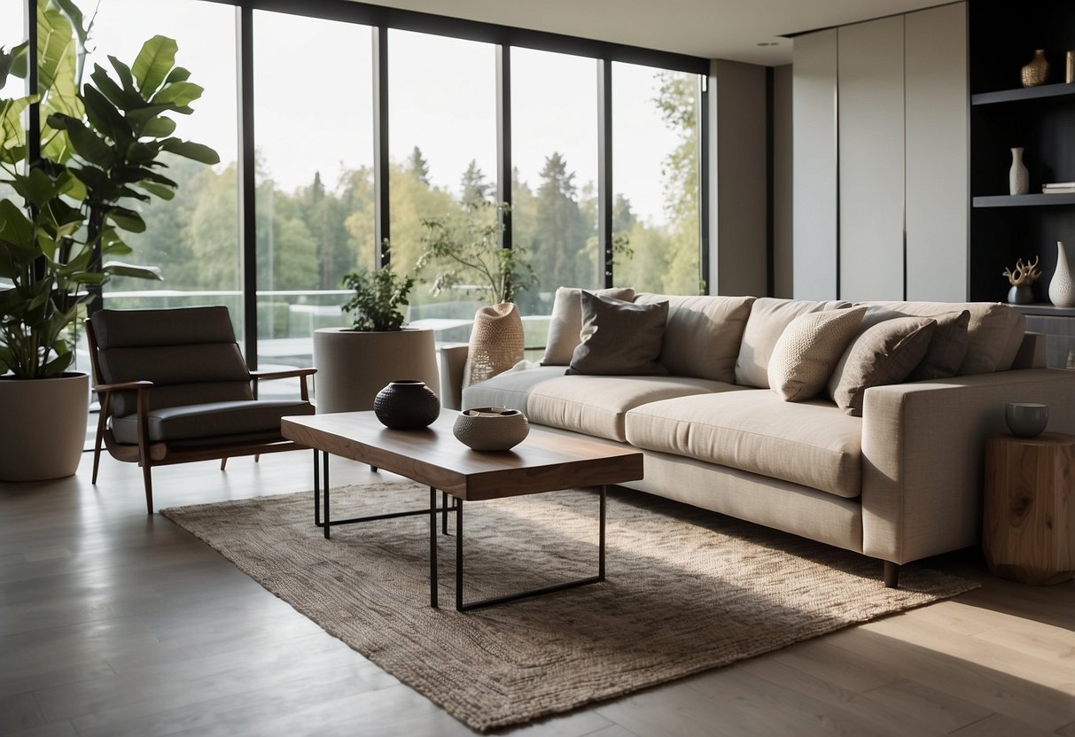 A modern living room with sleek, minimalist furniture from the Om Collection. Clean lines, neutral colors, and a sense of spaciousness