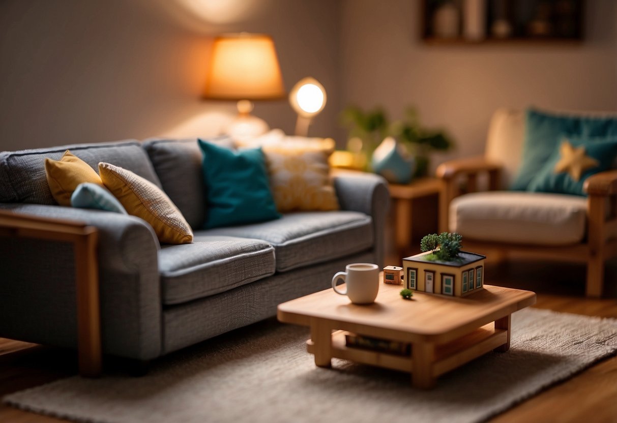 A cozy living room with Melissa and Doug dollhouse furniture. A tiny sofa, coffee table, and lamp create a warm, inviting space