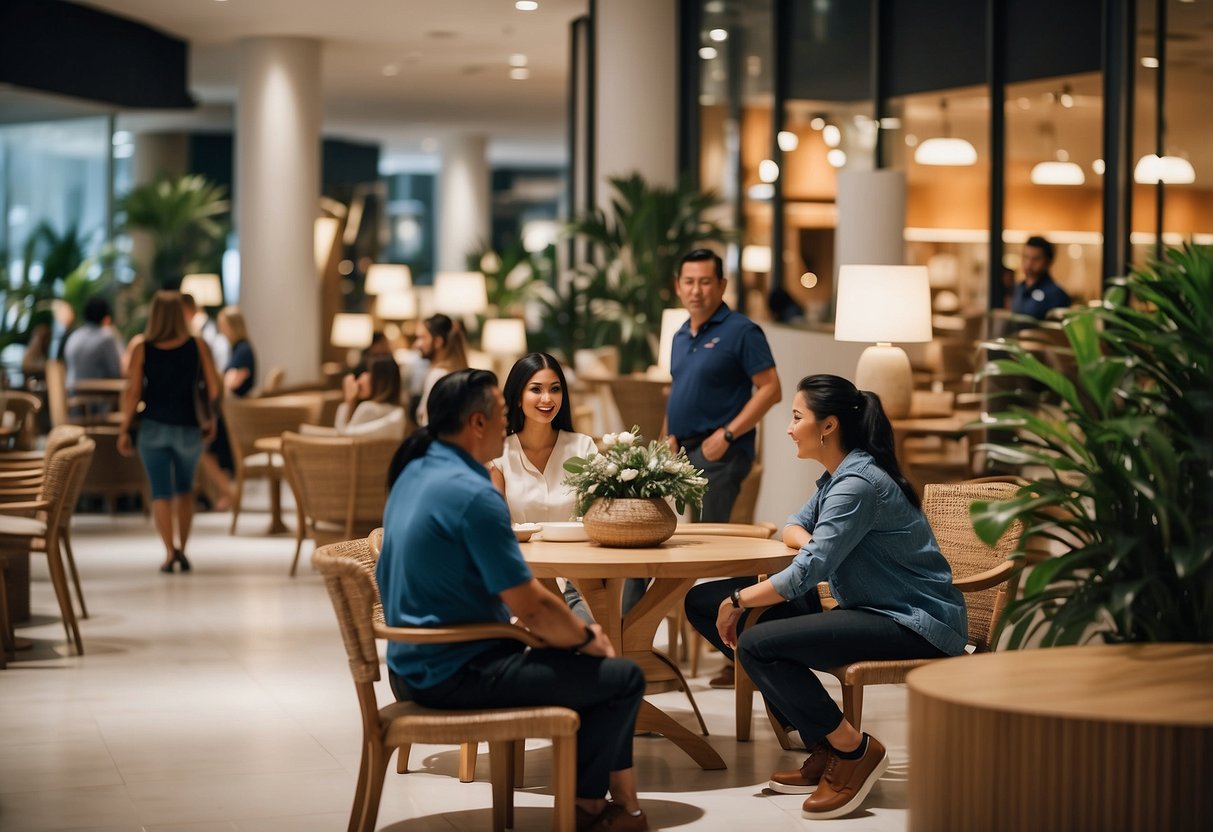 Customers engage with furniture at Millenia Walk shop, while events unfold in the background