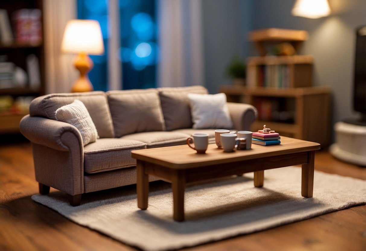 A cozy living room with miniature Melissa and Doug dollhouse furniture, complete with a plush sofa, coffee table, and bookshelf