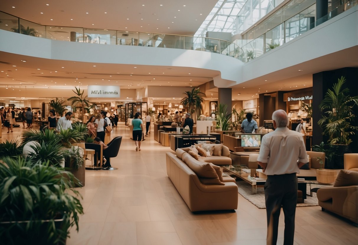 A bustling furniture shop at Millennia Walk, with customers browsing, staff assisting, and a prominent "Frequently Asked Questions" sign