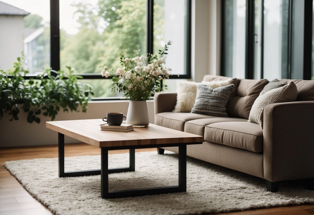 A cozy living room with a modern sofa, elegant coffee table, and soft rug. A large window lets in natural light, illuminating the space