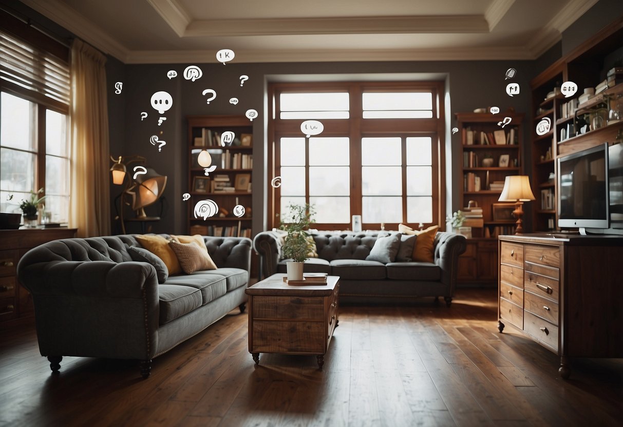 A room with various furniture pieces, surrounded by question marks and speech bubbles, indicating curiosity and inquiry