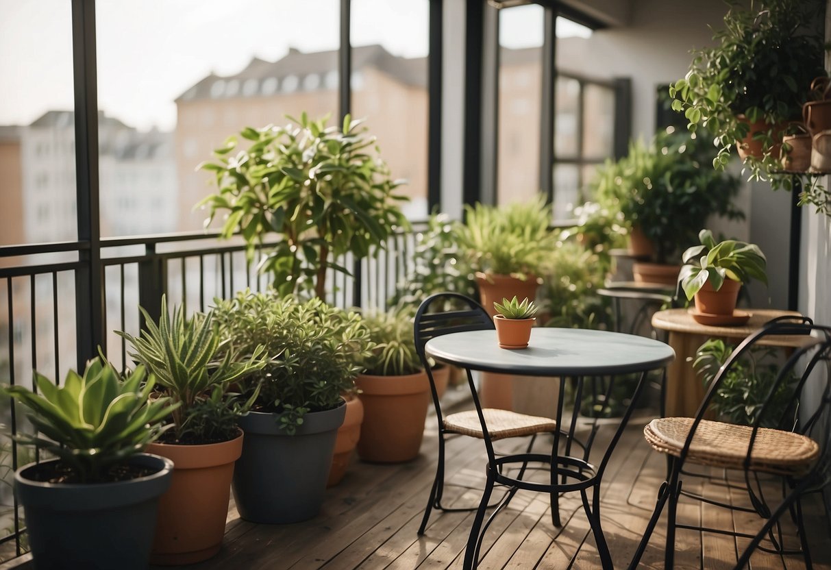 A cozy balcony with a table, chairs, and potted plants