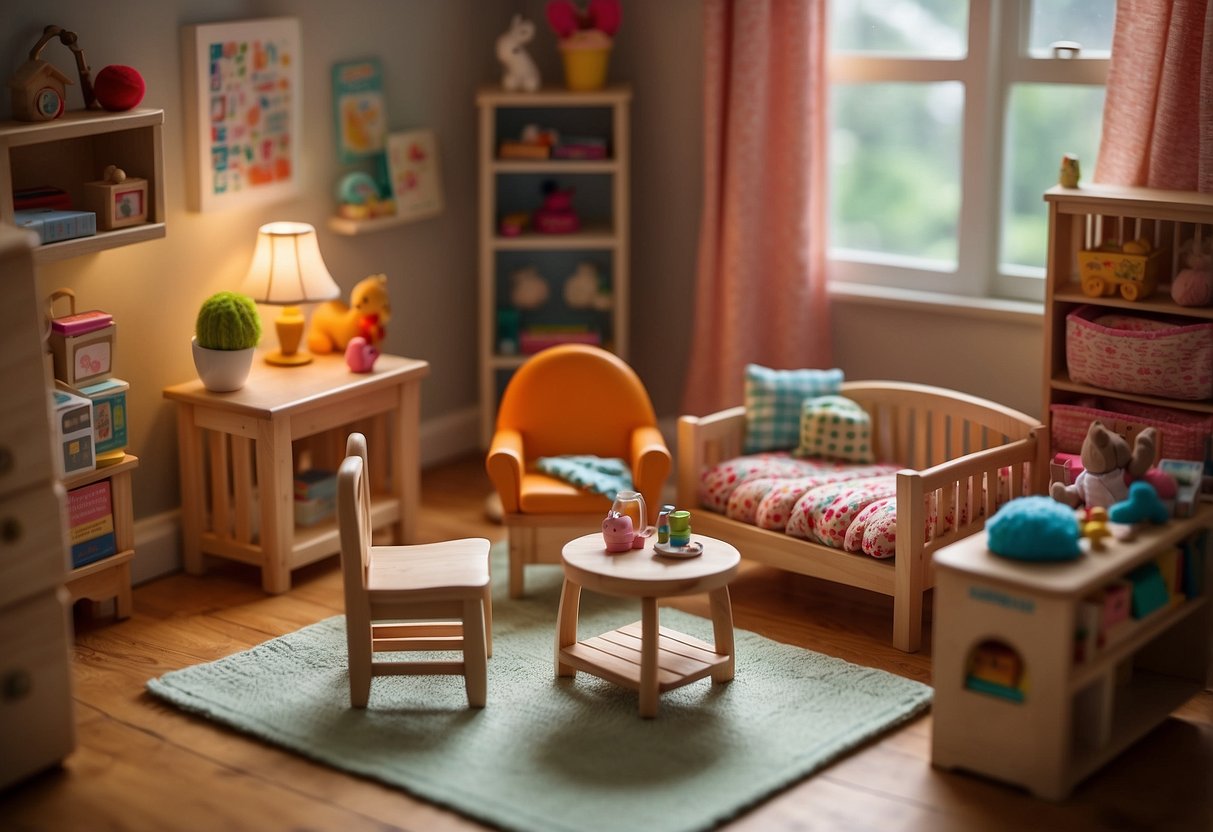 A child's room with Melissa and Doug dollhouse furniture, including a miniature bed, table, chairs, and other accessories. The room is tidy and well-organized, with the furniture arranged neatly