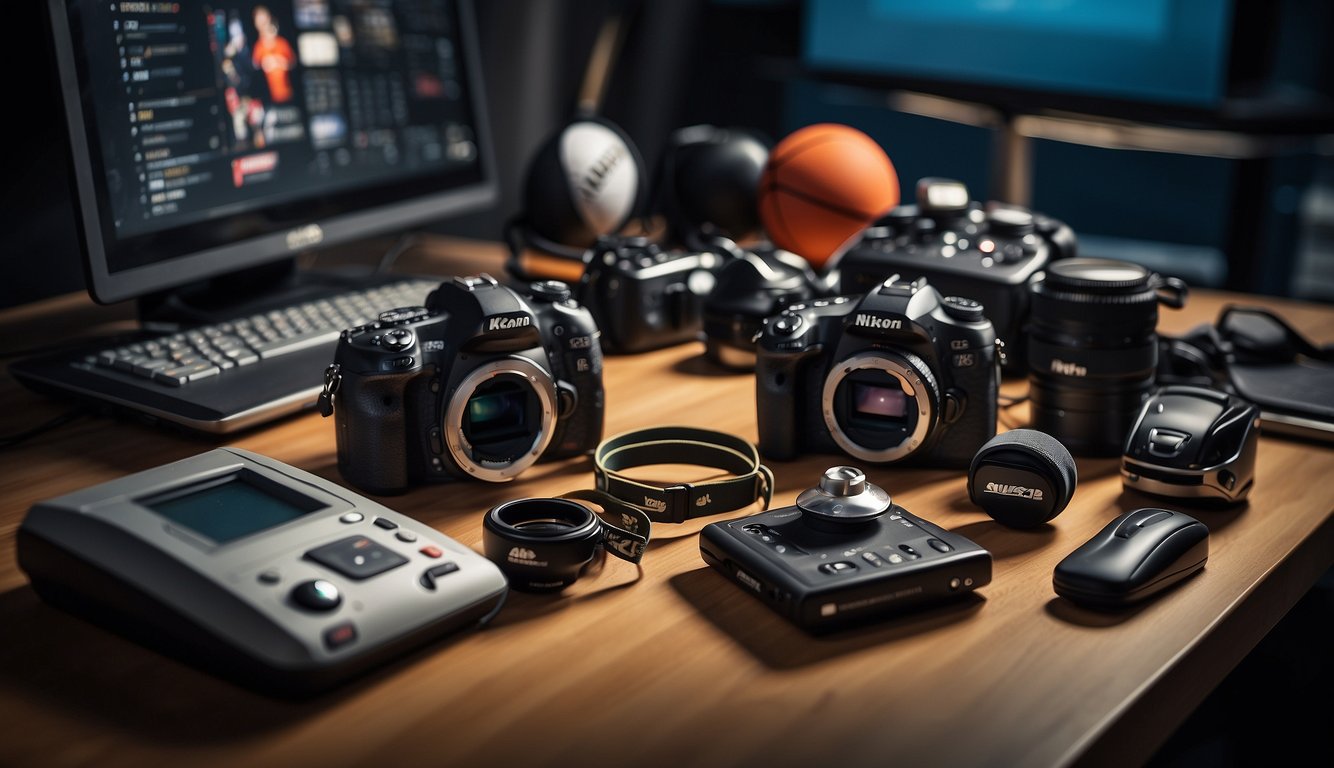 A table with sports memorabilia, a computer and printer, cutting tools, and a camera for photographing athletes