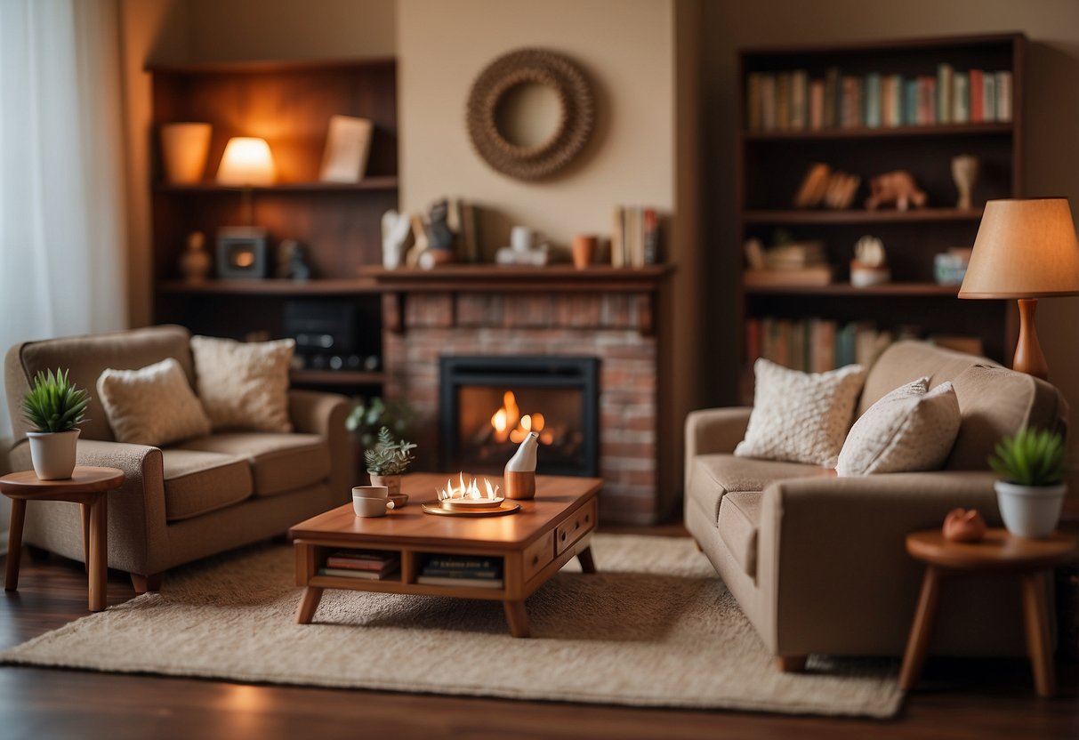 A cozy living room with miniature Melissa and Doug dollhouse furniture, including a sofa, coffee table, and bookshelf, all arranged neatly in front of a tiny fireplace
