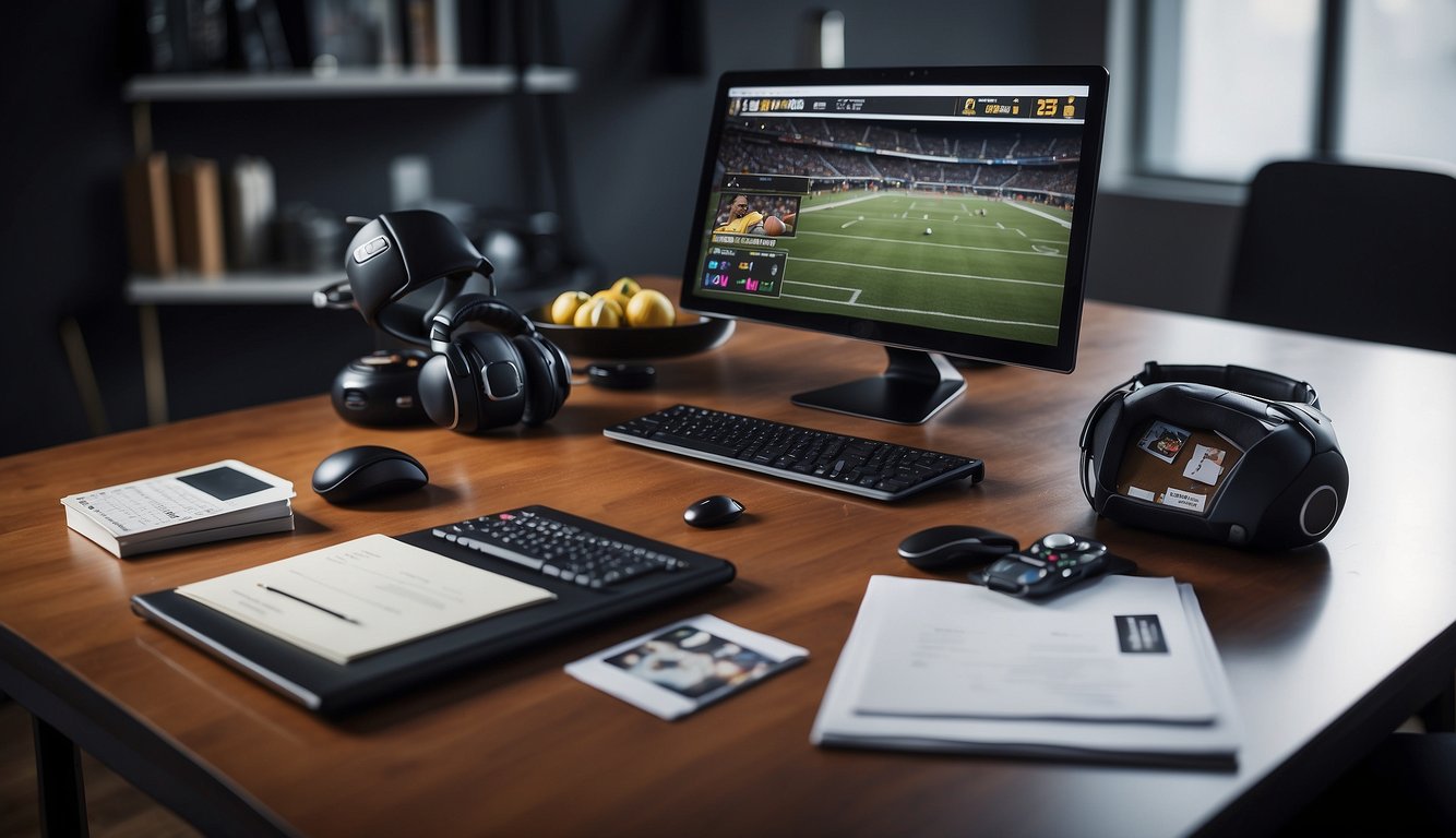 A table with sports memorabilia, a computer with design software, and a stack of blank cardstock ready for printing