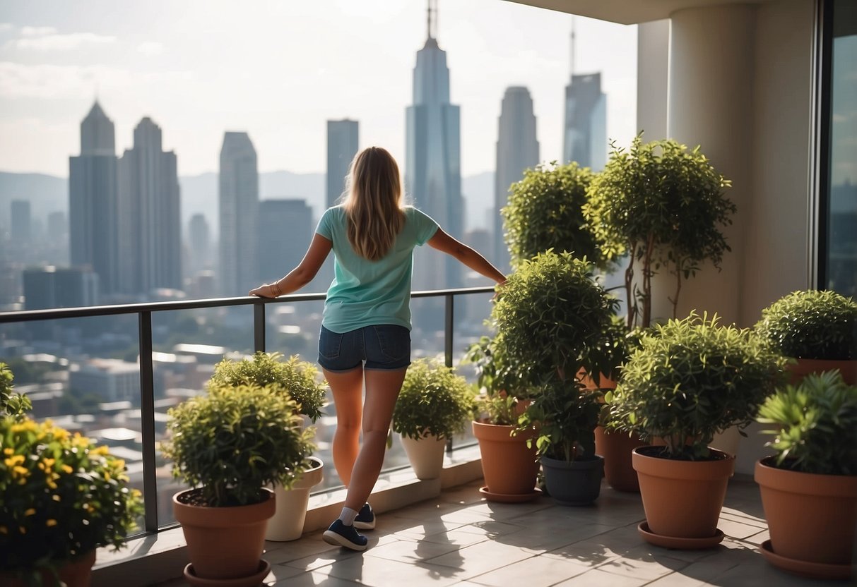 A person arranging balcony furniture, surrounded by potted plants and a view of the city skyline