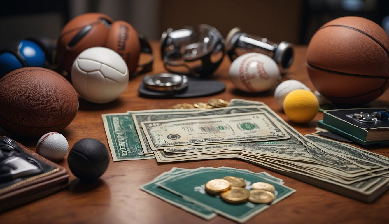 A table with sports equipment, cards, and a ruler. A hand cutting and arranging card designs