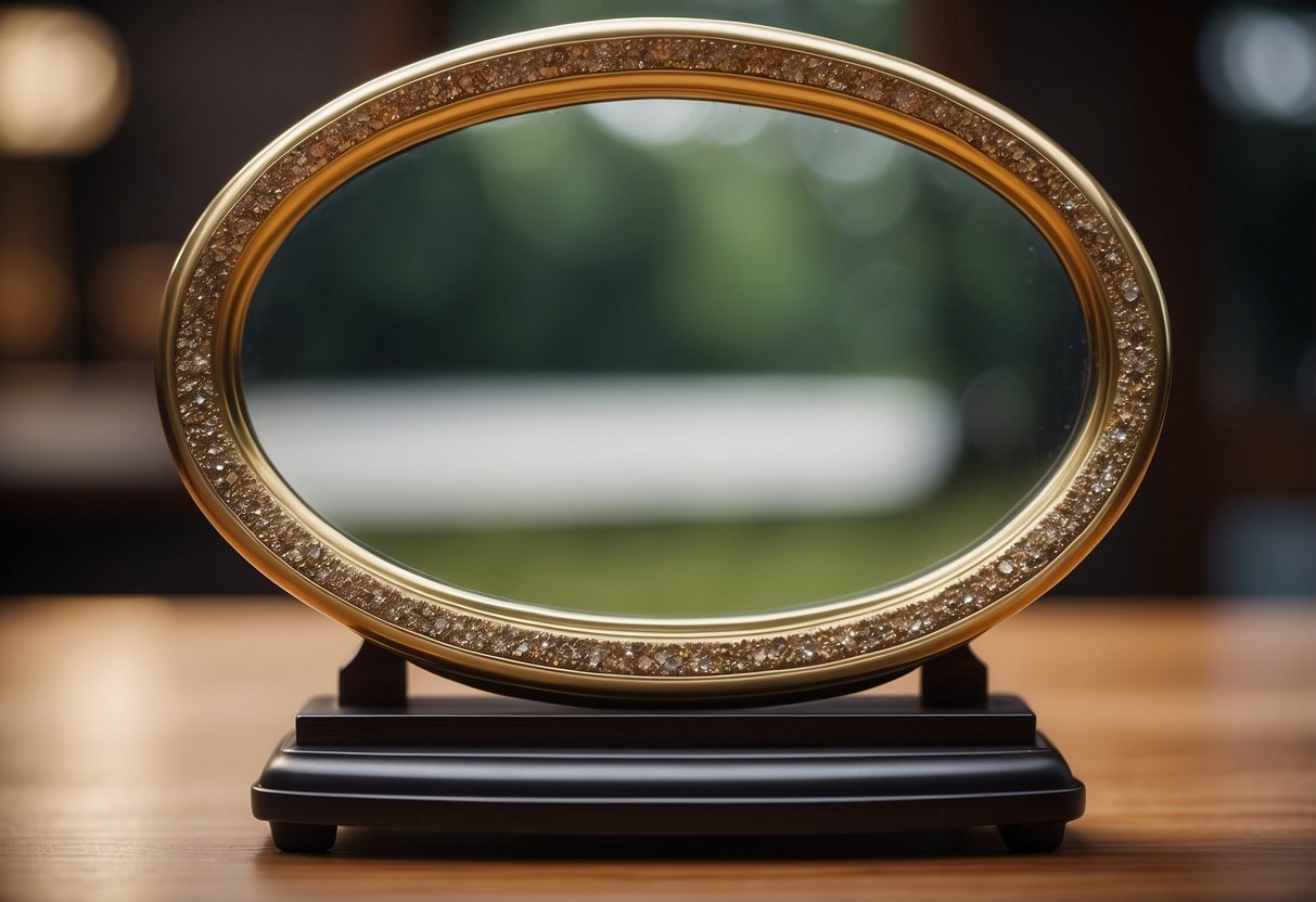 A mirror stands on a wooden furniture