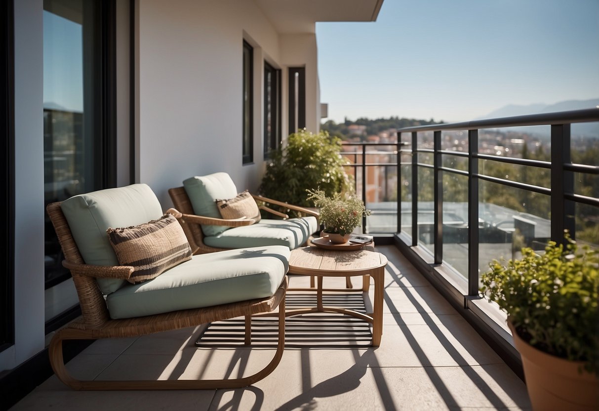 A small balcony with sleek, space-saving furniture arranged to maximise the area
