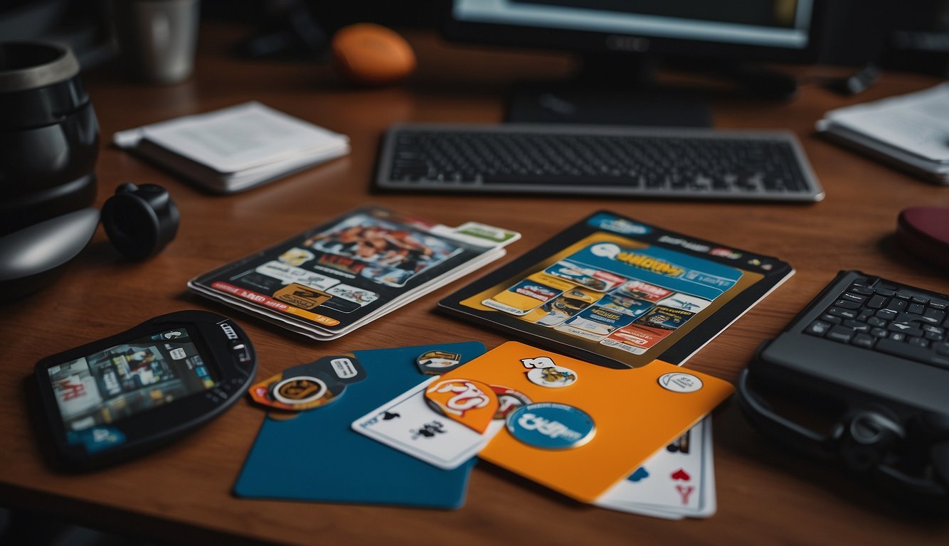 A table with sports cards, markers, and a computer open to a website on how to create captivating content for sports cards