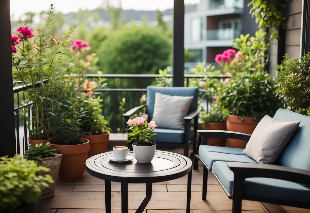 A cozy balcony with modern patio furniture, surrounded by lush green plants and colorful flowers. The setting is peaceful and inviting, perfect for enjoying a morning coffee or evening relaxation