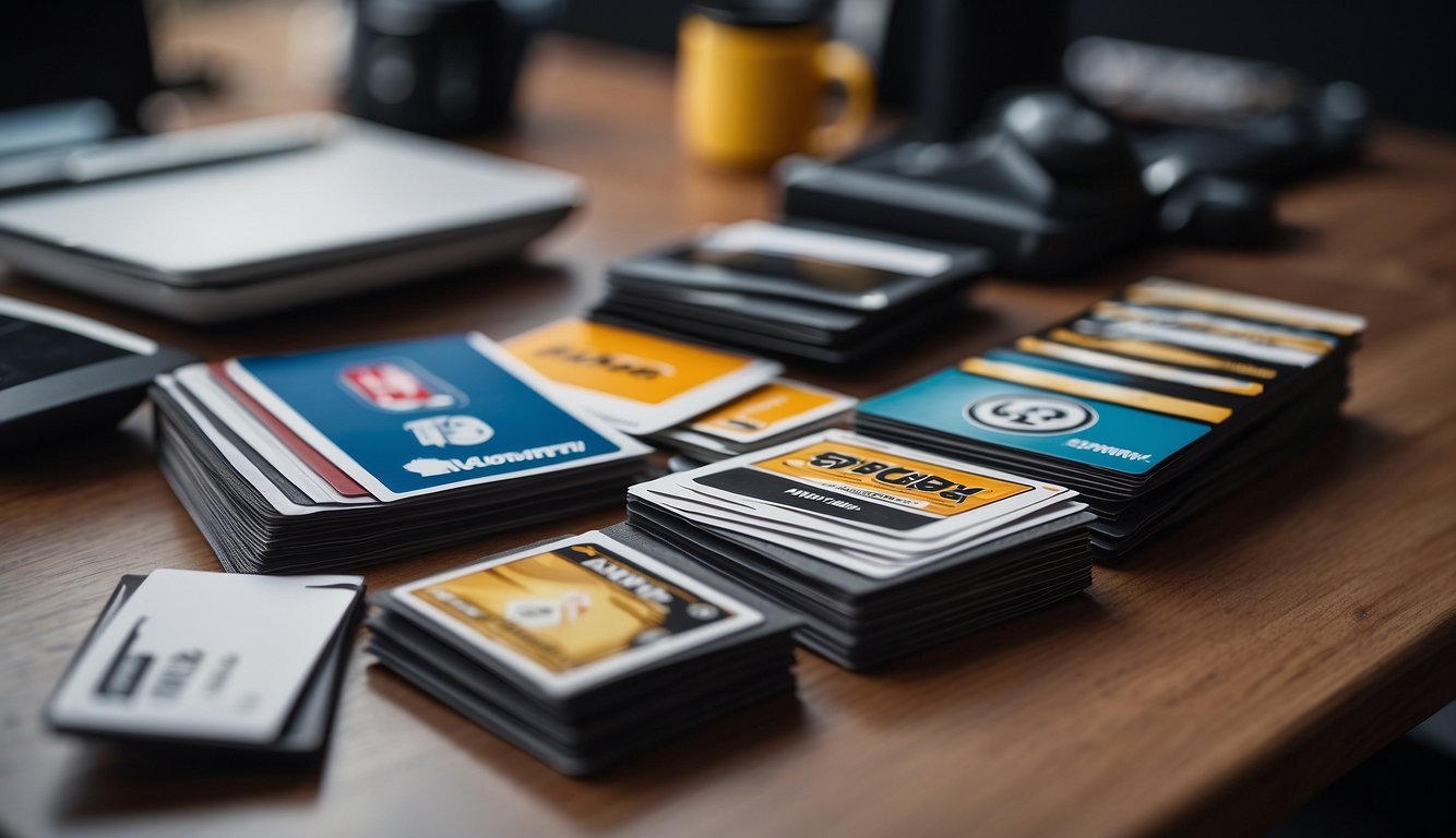 Sports cards laid out on a clean, well-lit table. A stack of blank cardstock, a printer, and a computer with design software nearby