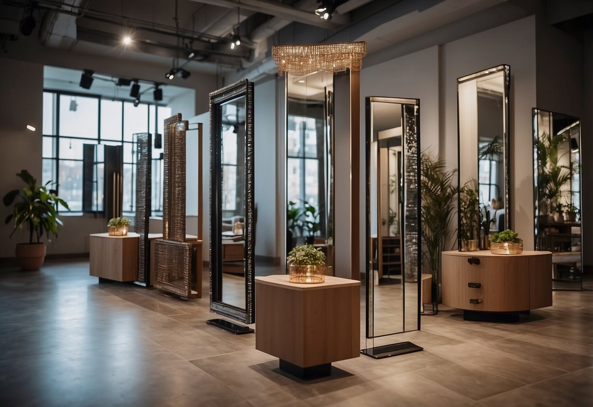 A variety of mirror stand designs and features are displayed in a well-lit showroom