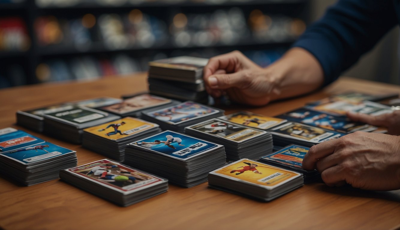 Sports cards being exchanged and traded among collectors, with hands holding and examining the cards. Table with card sleeves and binders in the background