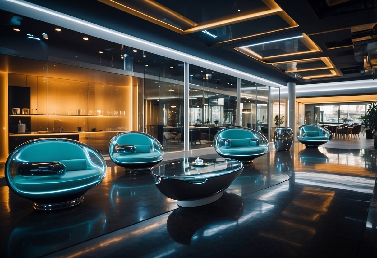 A futuristic furniture store on Bencoolen Street, with sleek, metallic designs and neon accents. Glass displays showcase space-age chairs and tables