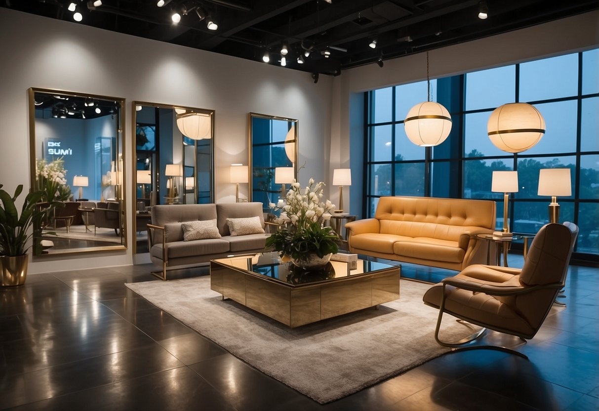 A well-lit showroom displays modern mirror stands and furniture, inviting customers to envision their ownership experience