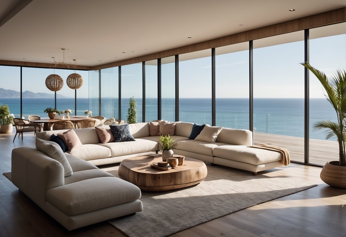 A sleek, minimalist living room with a panoramic ocean view, featuring clean lines, neutral colors, and natural materials like wood and rattan
