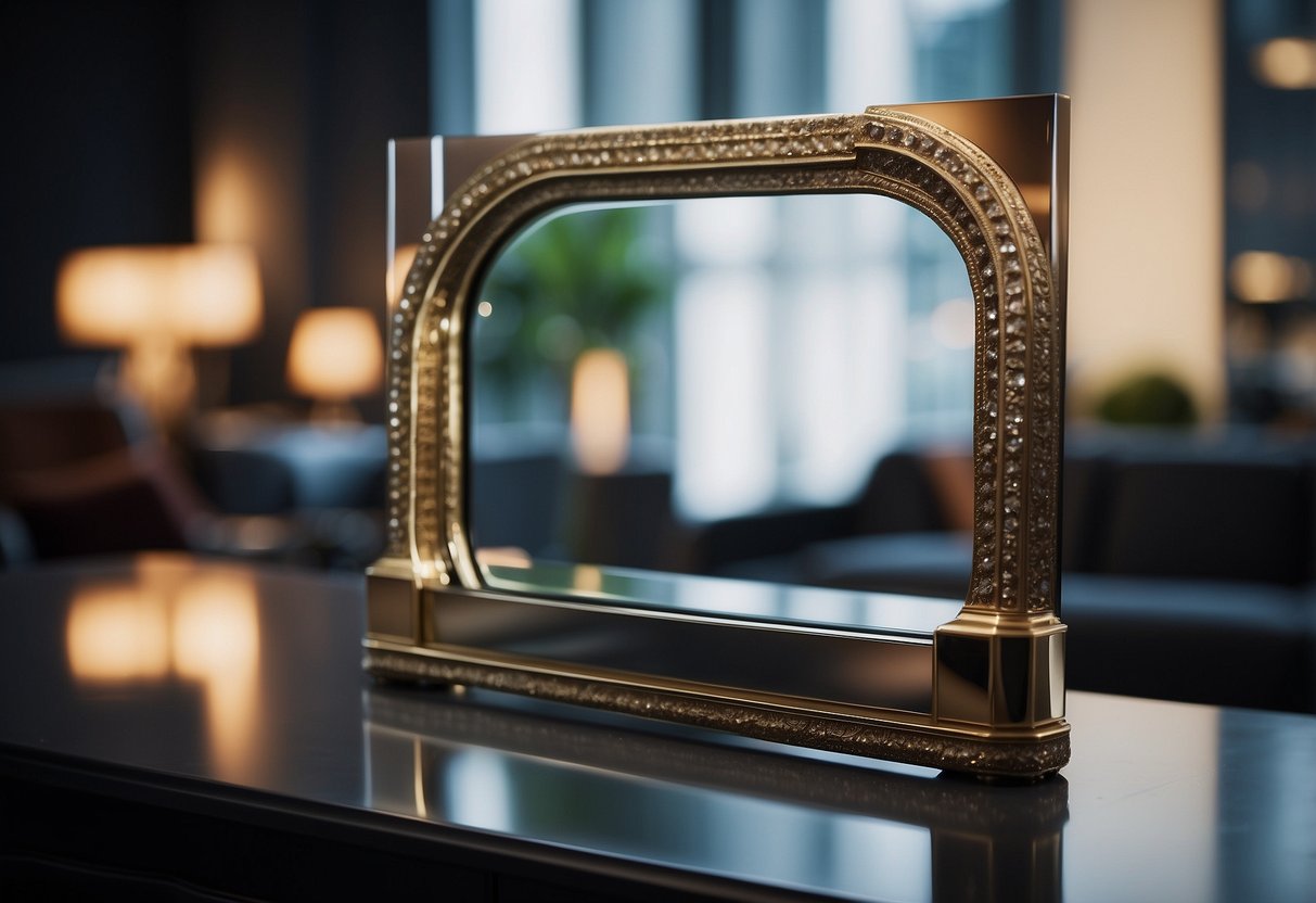 A mirror stands on a sleek piece of furniture, surrounded by a display of frequently asked questions