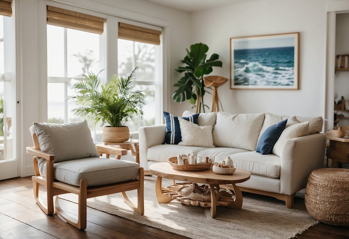 A bright, airy living room with clean lines and natural textures. A large, comfortable sofa with nautical accents, surrounded by light wood furniture and coastal-inspired decor