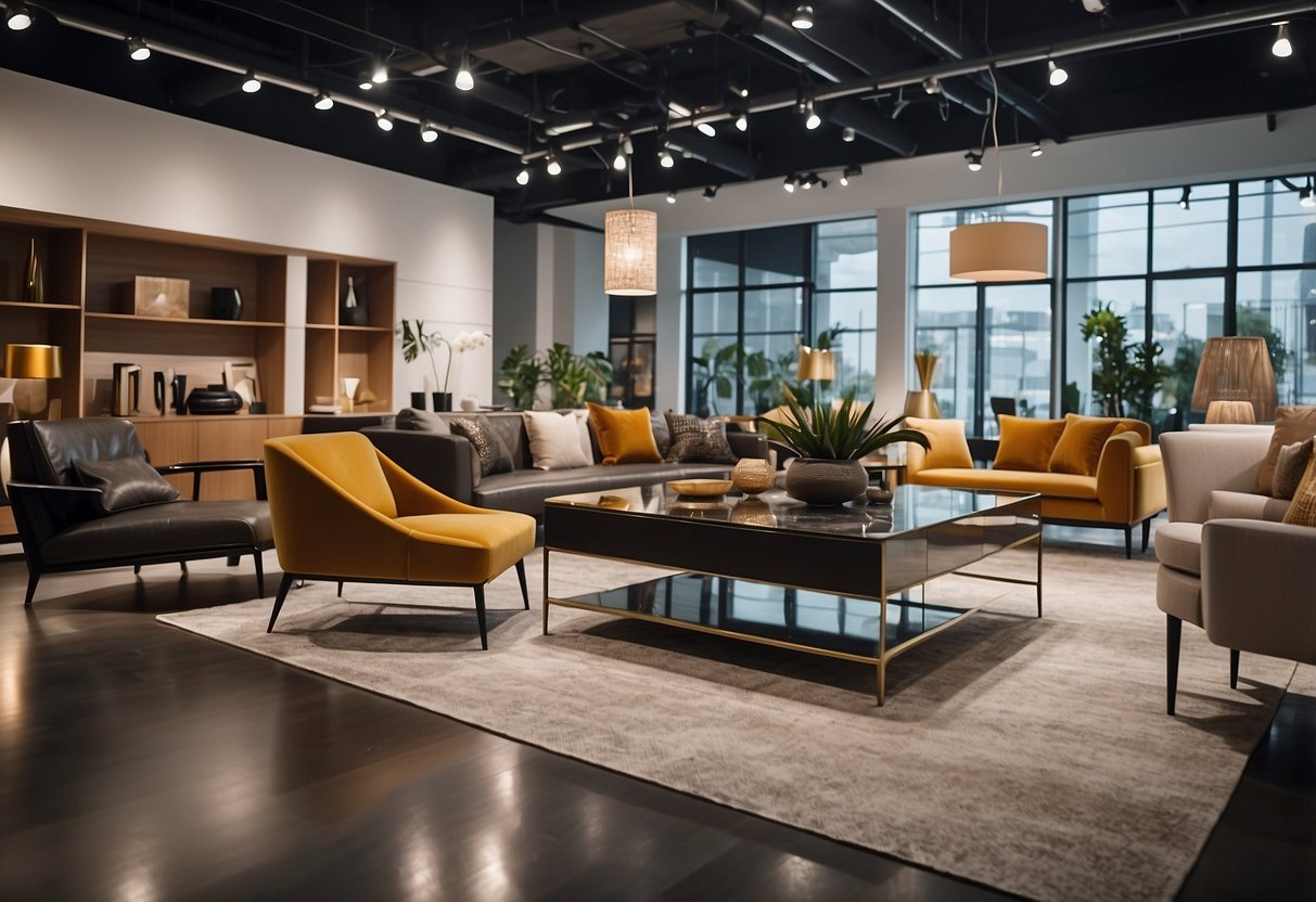 A spacious showroom filled with modern furniture pieces in various styles and colors. Bright lighting highlights the sleek designs and quality craftsmanship