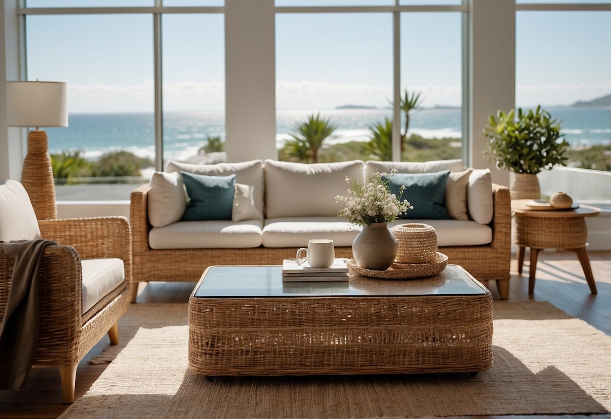A person arranging modern coastal furniture in a bright, airy space with large windows and a view of the ocean. Pieces include a sleek sofa, a wooden coffee table, and a woven rug