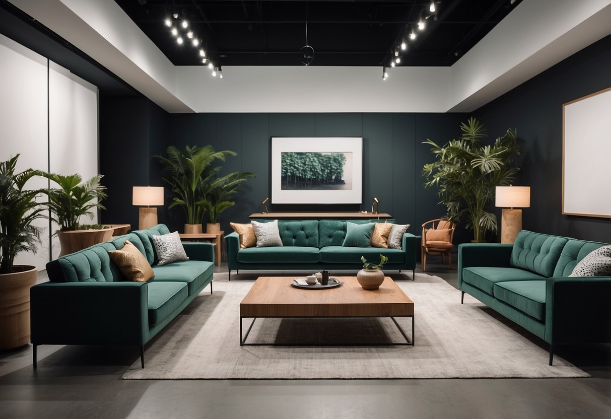 A showroom filled with modern AA furniture, neatly displayed in various room settings, with clean lines and minimalist designs