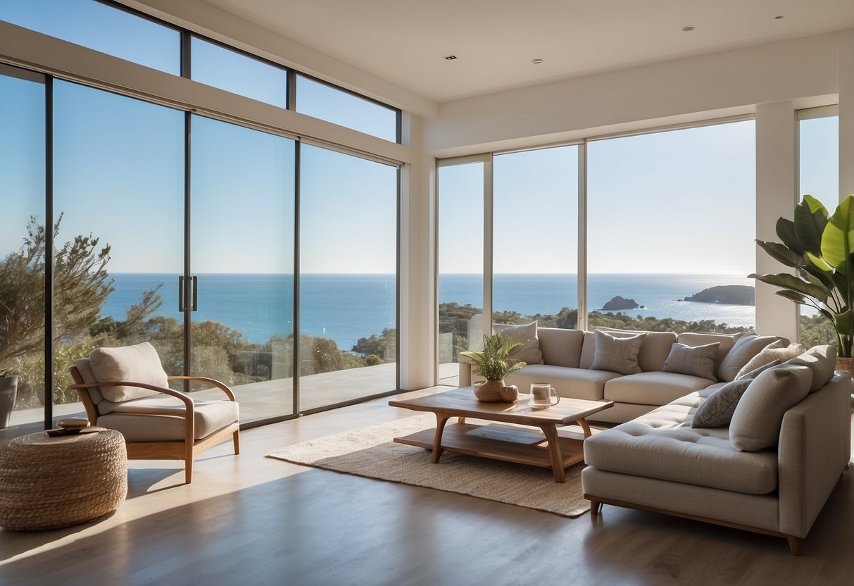 A bright, airy room with sleek, minimalist furniture overlooking a serene coastal landscape. The furniture is stylish and functional, with clean lines and natural materials