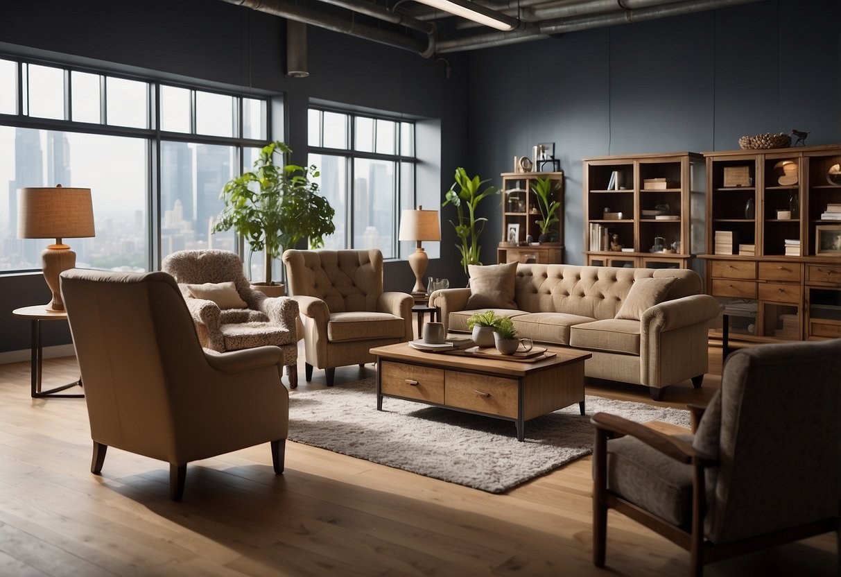 A room with various furniture pieces and a sign reading "Frequently Asked Questions about furniture" displayed prominently