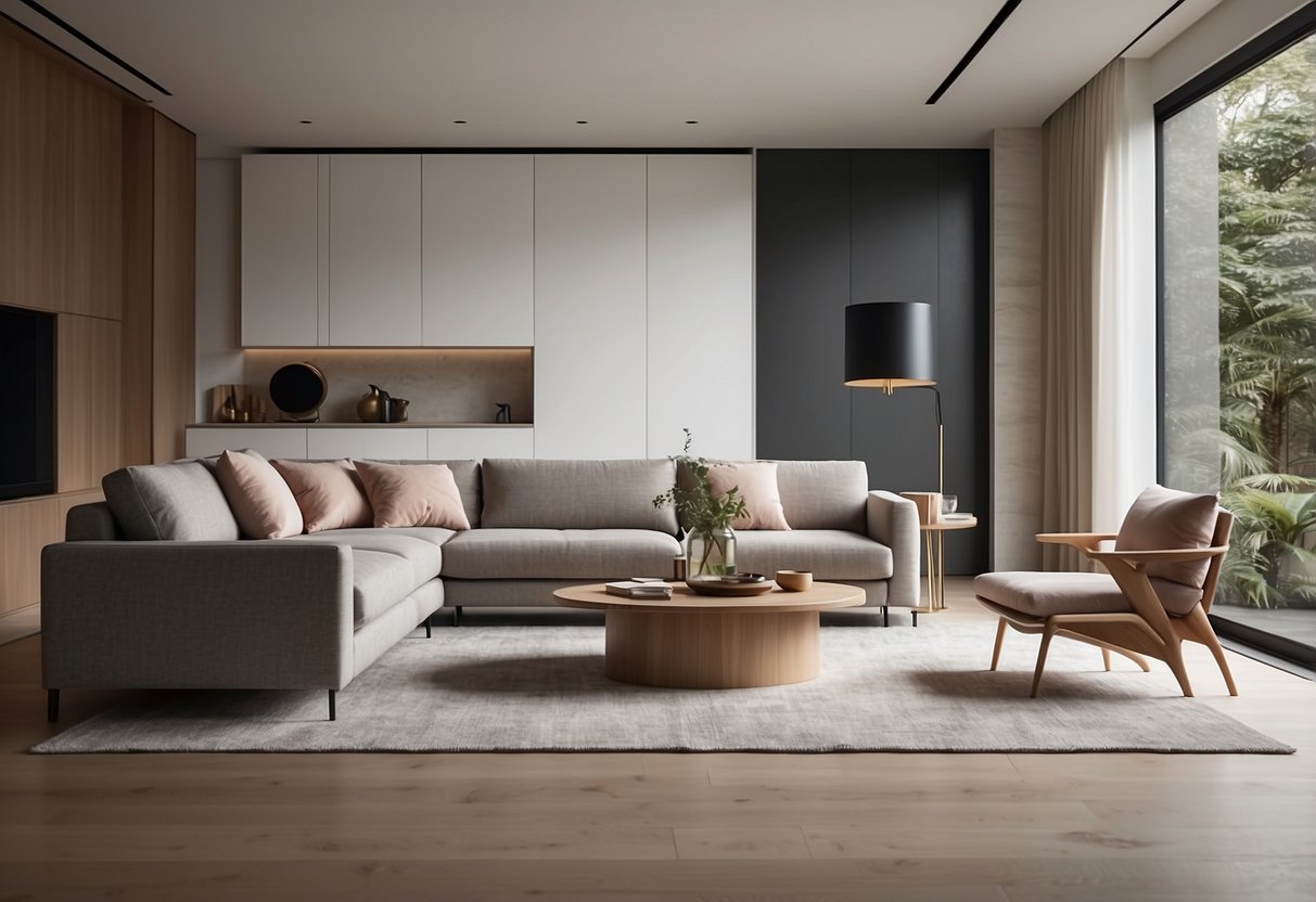 A modern living room with sleek, minimalist modi furniture, clean lines, and neutral colors. A large window lets in natural light, casting a soft glow on the furniture