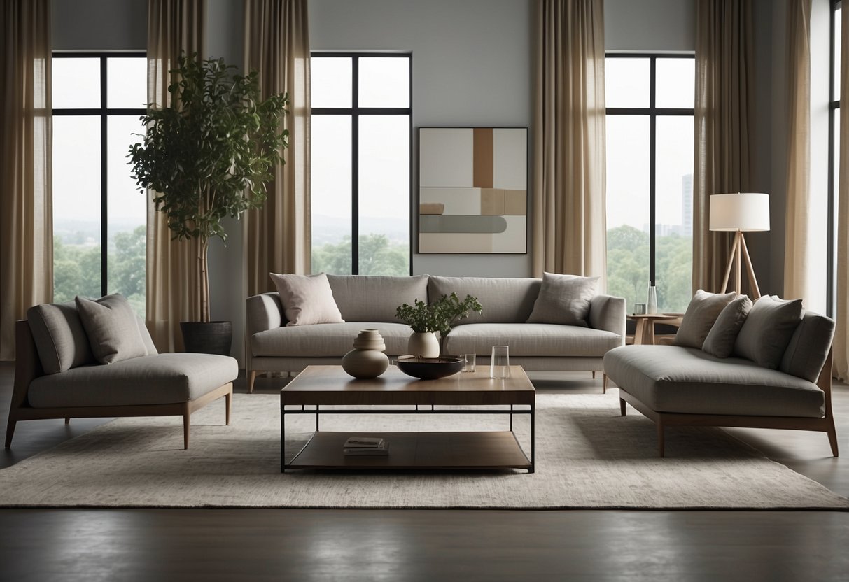 A modern living room with sleek, minimalist furniture in neutral colors. Clean lines and geometric shapes create a sense of sophistication and elegance