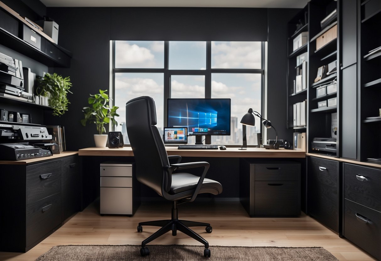 A modern desk with adjustable height and a comfortable chair with lumbar support, surrounded by storage cabinets and a sleek computer monitor