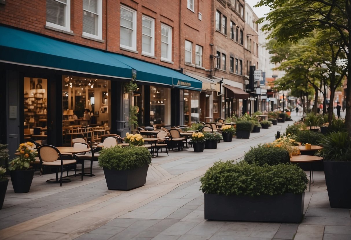 A bustling street with modern storefronts, inviting signage, and large windows displaying stylish furniture sets. Outdoor seating areas and vibrant planters add to the welcoming atmosphere