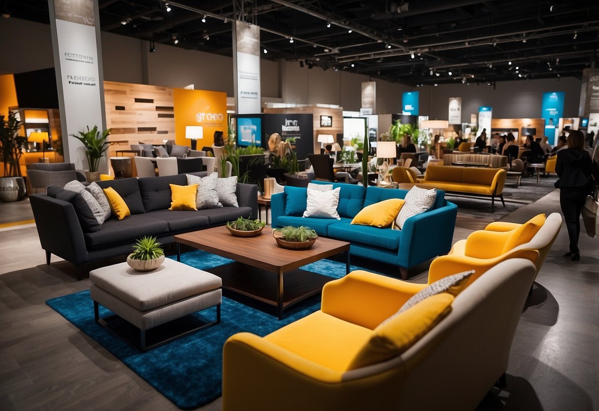 A bustling furniture expo with rows of elegant sofas, modern dining sets, and luxurious bedroom furniture on display. Bright lights and colorful banners create a vibrant atmosphere