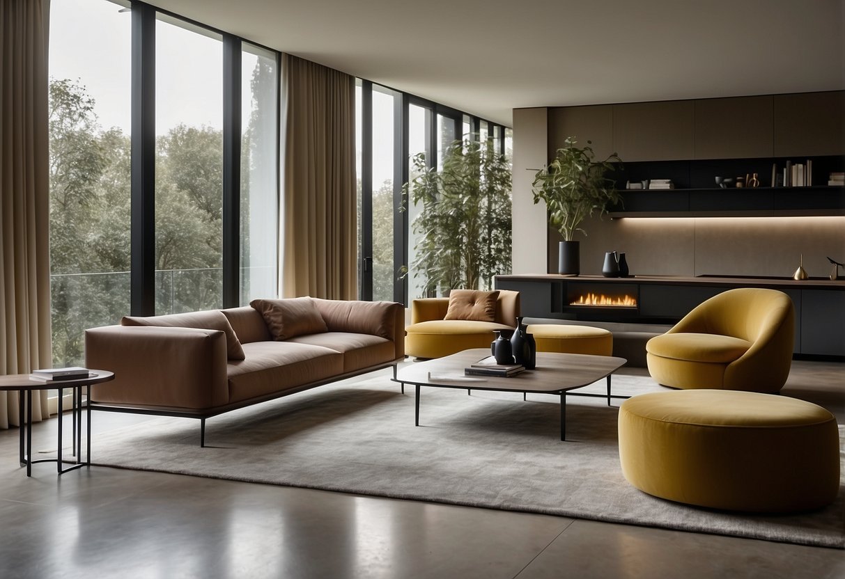 A sleek, modern living room with Molteni furniture showcased, including a luxurious sofa, elegant coffee table, and designer armchair