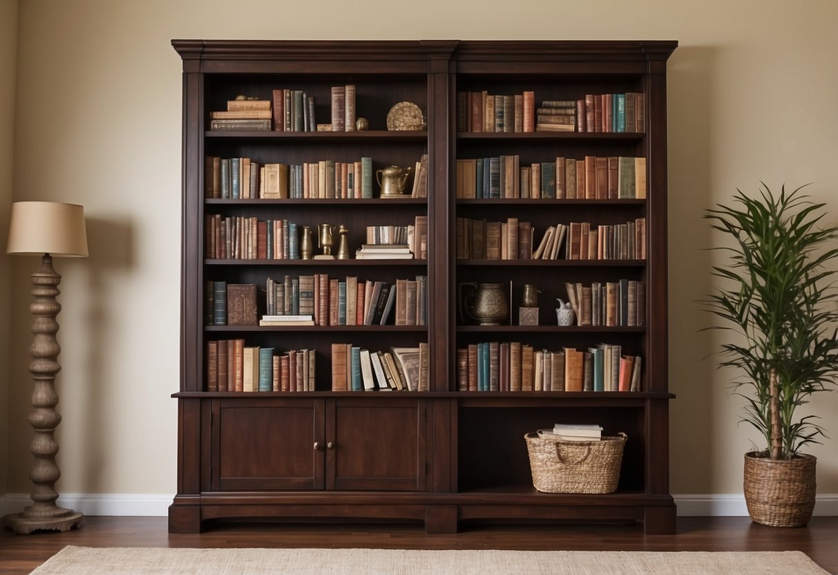 A tall wooden bookcase filled with books and decorative items stands against a wall in a cozy living room
