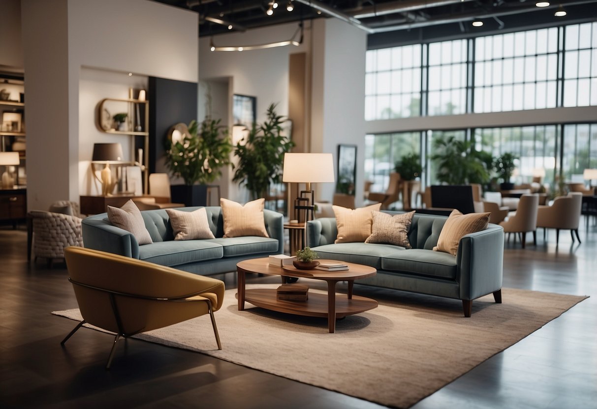 Customers browse modern and traditional furniture displays in spacious showrooms with natural lighting and sleek interior designs