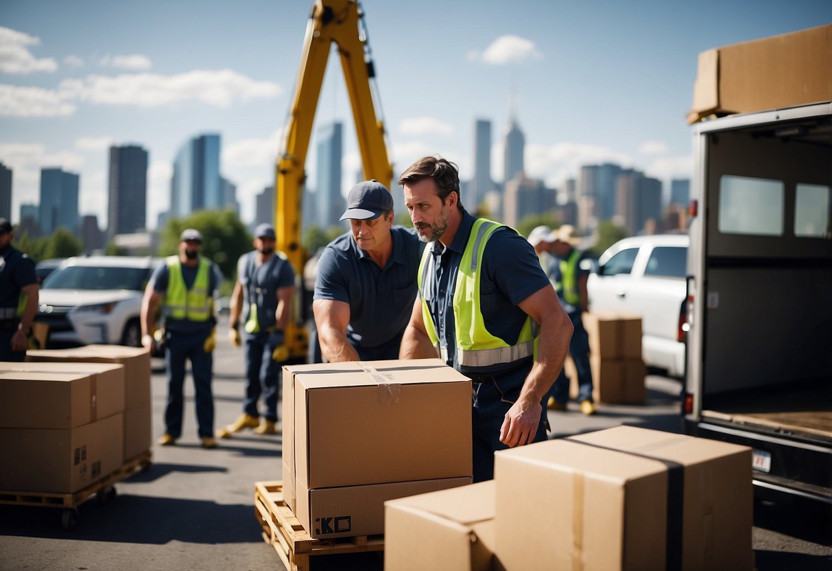 Furniture being lifted and carried by movers into a truck. Boxes and packing materials scattered around. City skyline in the background