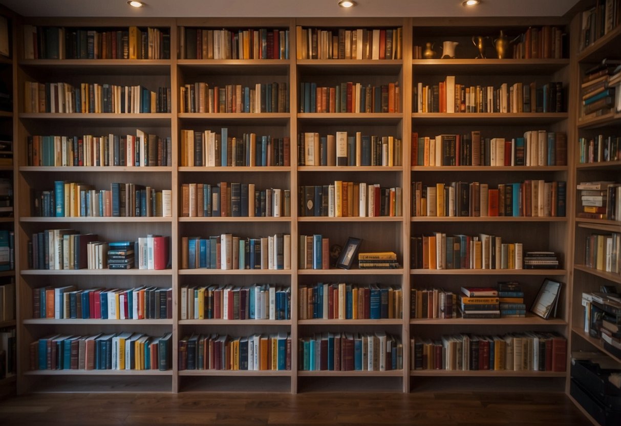 A variety of bookcases line the room, showcasing different styles and sizes. Some are tall and imposing, while others are small and delicate. The shelves are filled with books of all genres, creating a colorful and eclectic display