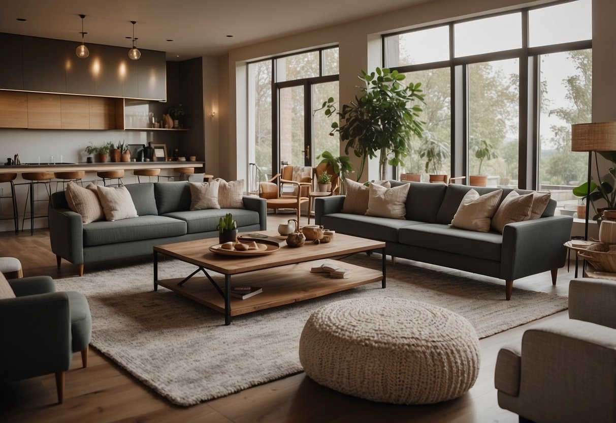 A spacious living room with modern furniture, warm lighting, and cozy decor. Multiple seating areas and stylish accents create a welcoming and comfortable atmosphere