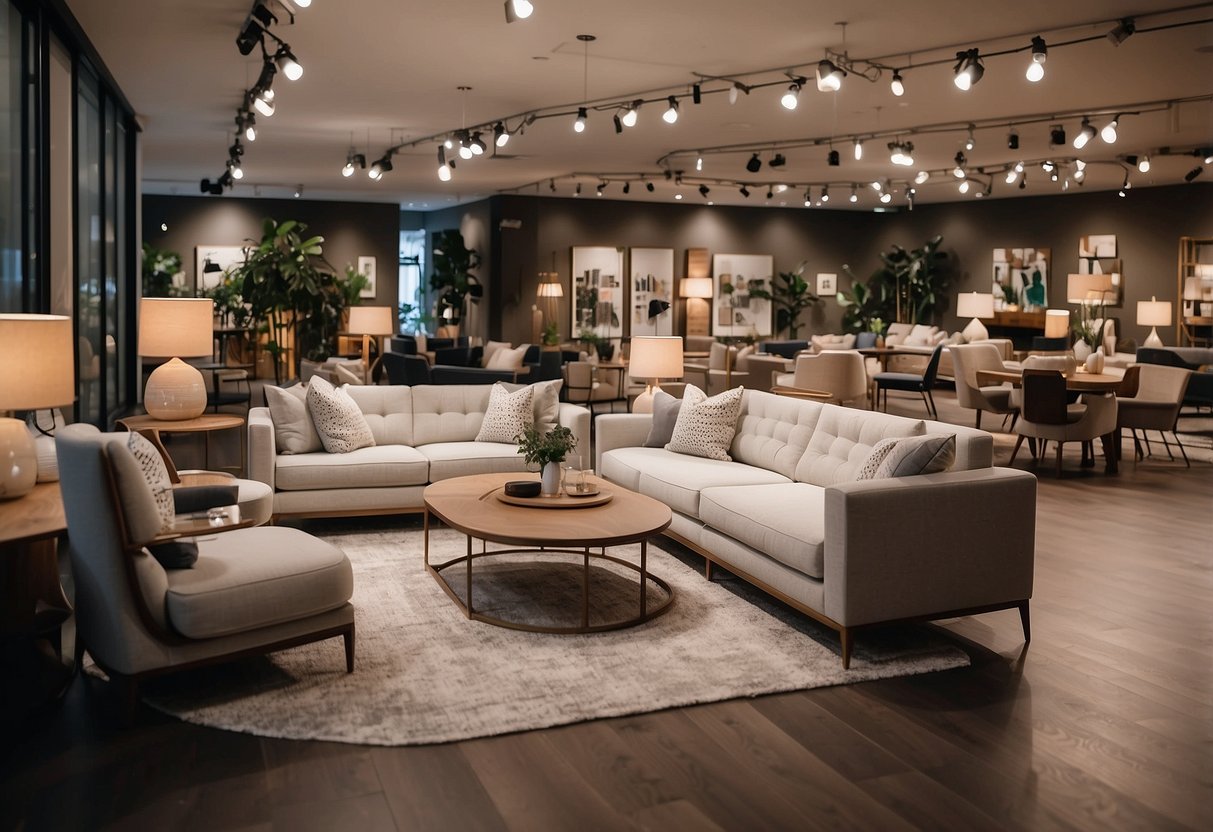 A spacious showroom with modern and classic furniture displays. Bright lighting and cozy seating areas invite customers to browse and envision their ideal home decor