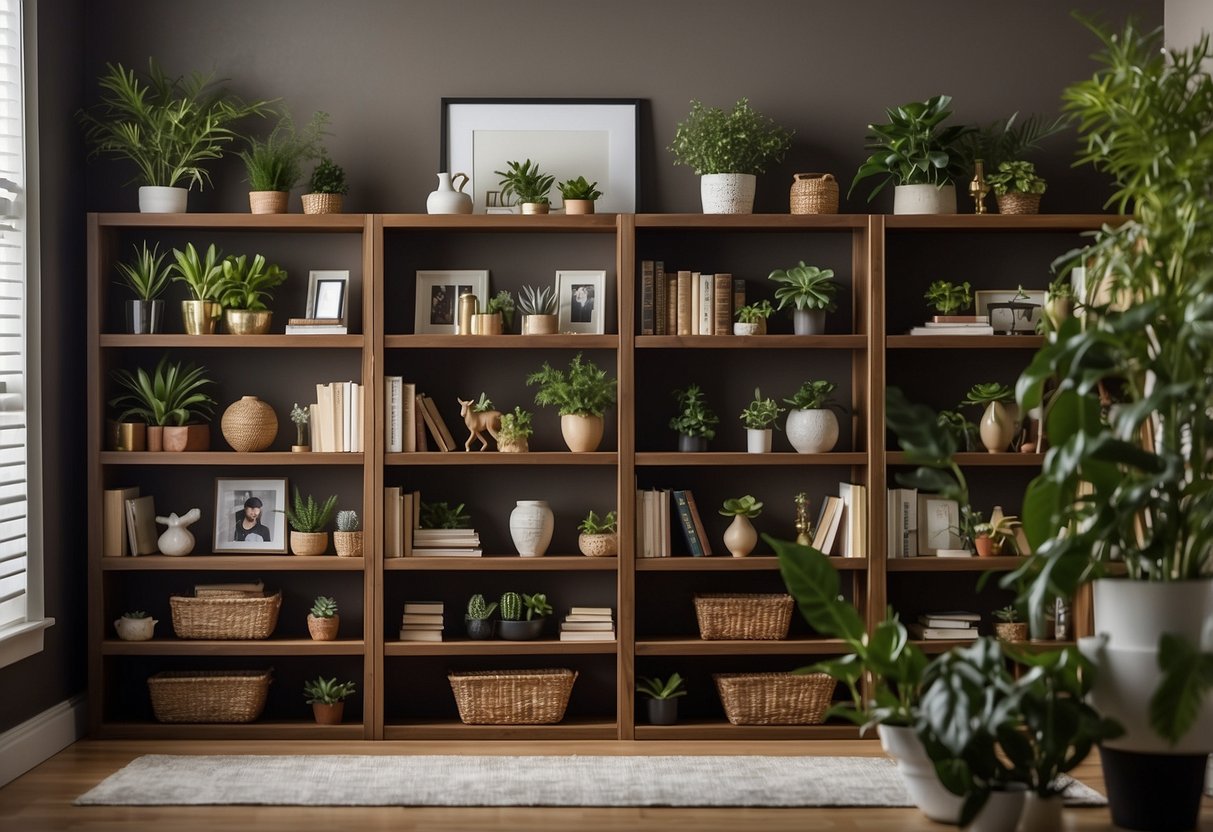 A bookcase with various decorative items such as vases, plants, and framed photos. The shelves are neatly organized with books and small trinkets