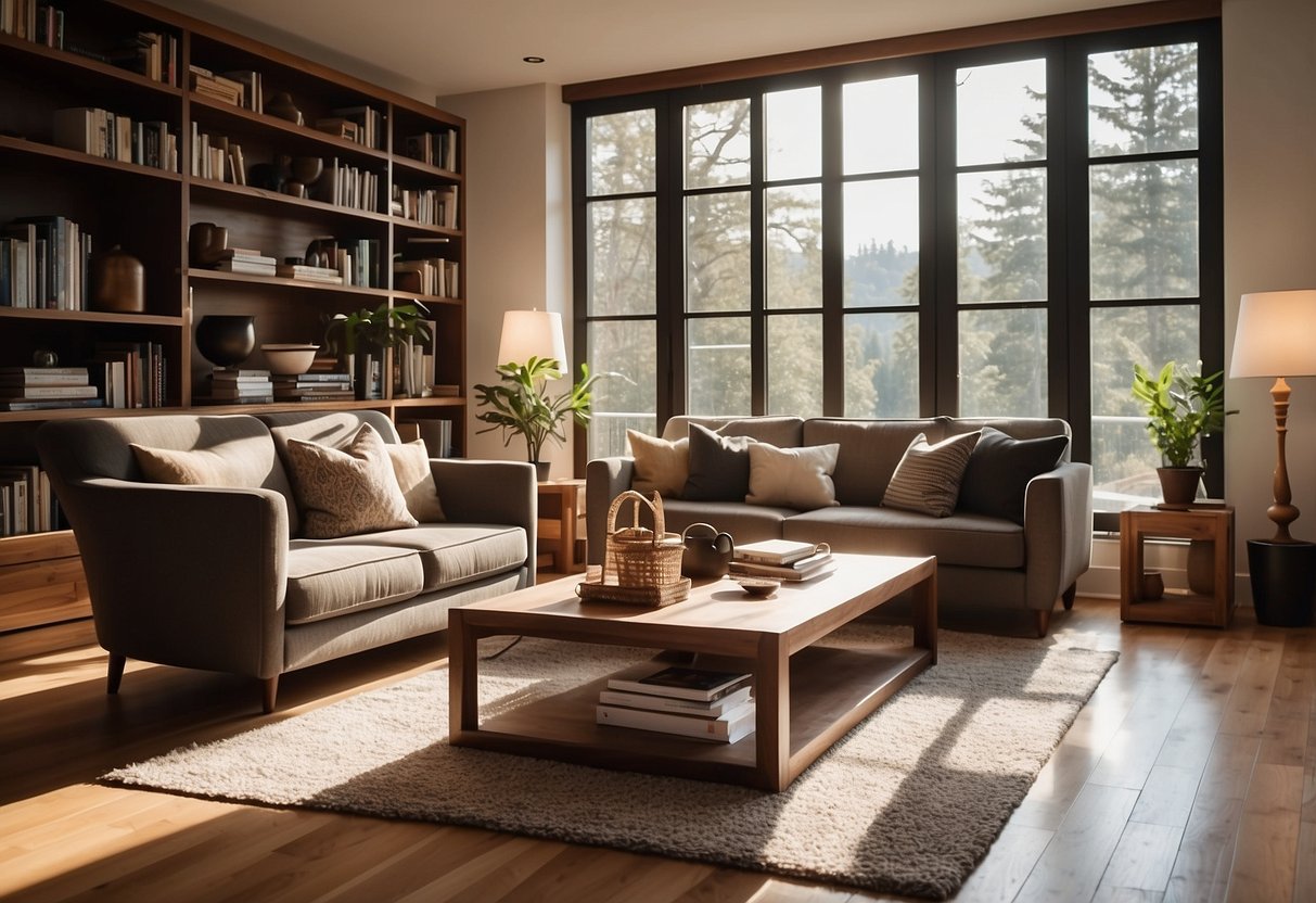 A cozy living room with a large, polished wood coffee table, matching chairs, and a sleek, modern bookshelf. Sunlight filters through the window, casting warm shadows on the new wood furniture