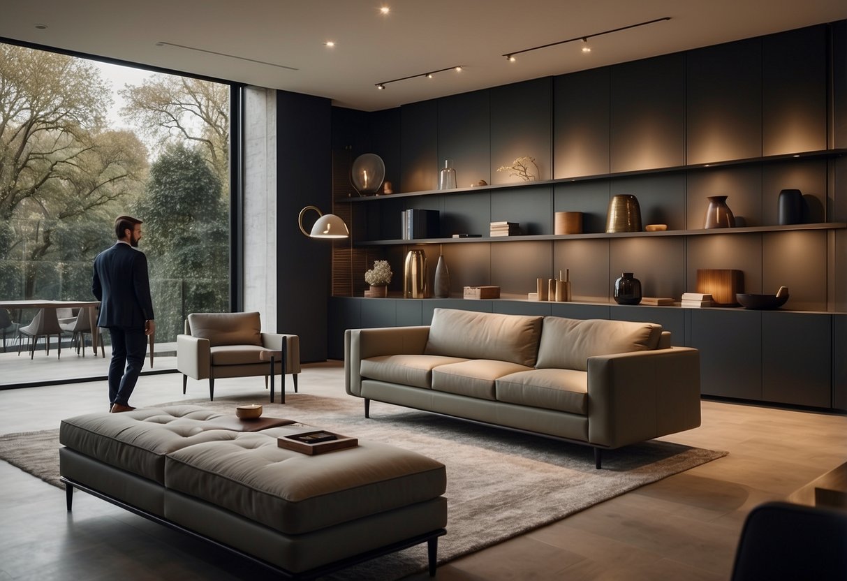 A customer browsing through Molteni furniture, admiring the sleek designs and high-quality materials. A sales representative assisting with pricing and providing a seamless purchasing experience