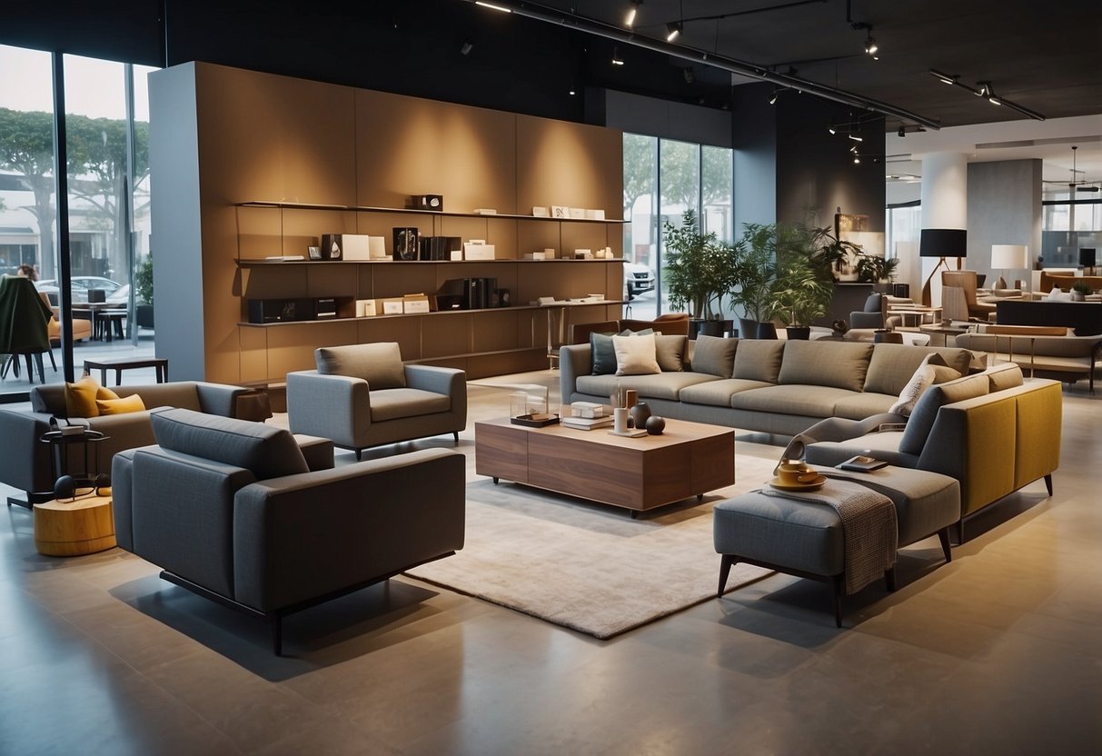 Molteni furniture displayed with price tags, surrounded by customers browsing and staff assisting