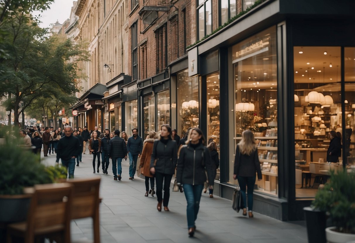 A busy street with a row of furniture stores, each with large window displays showcasing their best products. People are seen entering and exiting the stores, while others are browsing through the windows