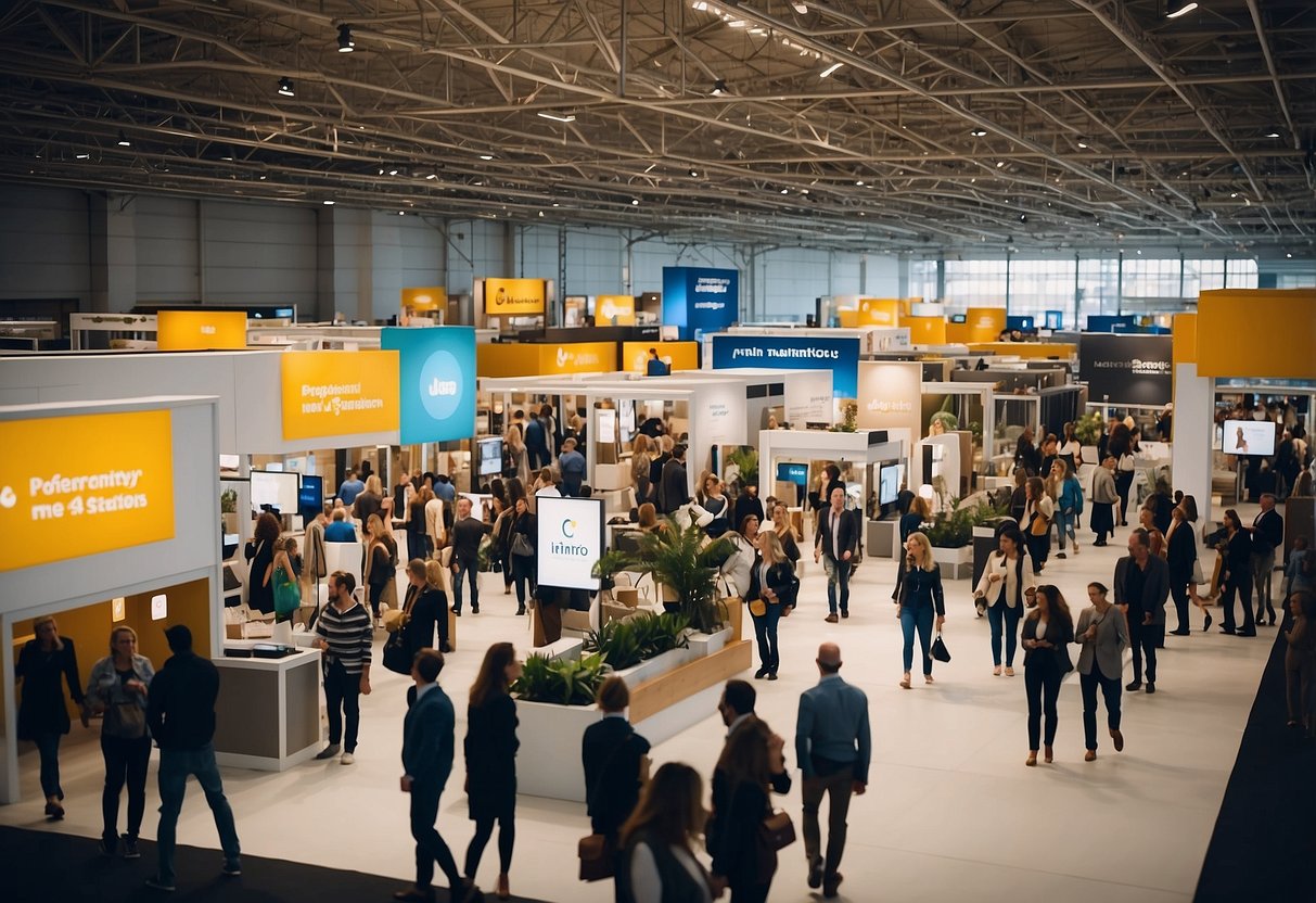 A bustling expo hall filled with large furniture displays, attendees browsing and interacting with exhibitors, and signage indicating "Frequently Asked Questions" stations