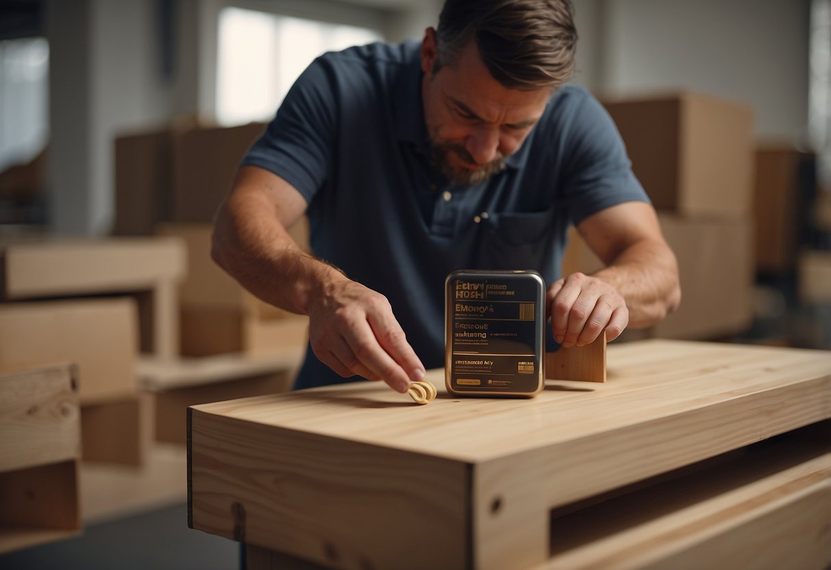 A person unboxing and assembling new wood furniture, then applying wood polish to protect and maintain its luster